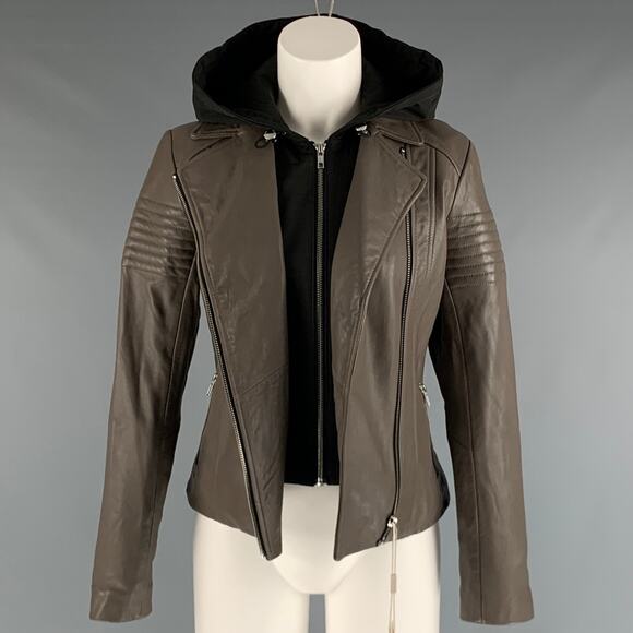 SOIA & KYO Size XS Grey Black Leather Mixed Materials Hooded Jacket